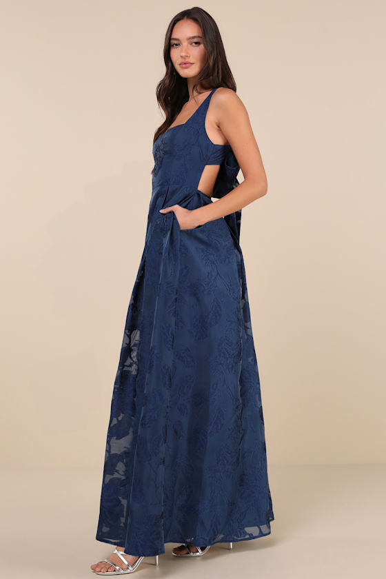 Perfected Aura Red Jacquard Tie-Back Maxi Dress with Pockets