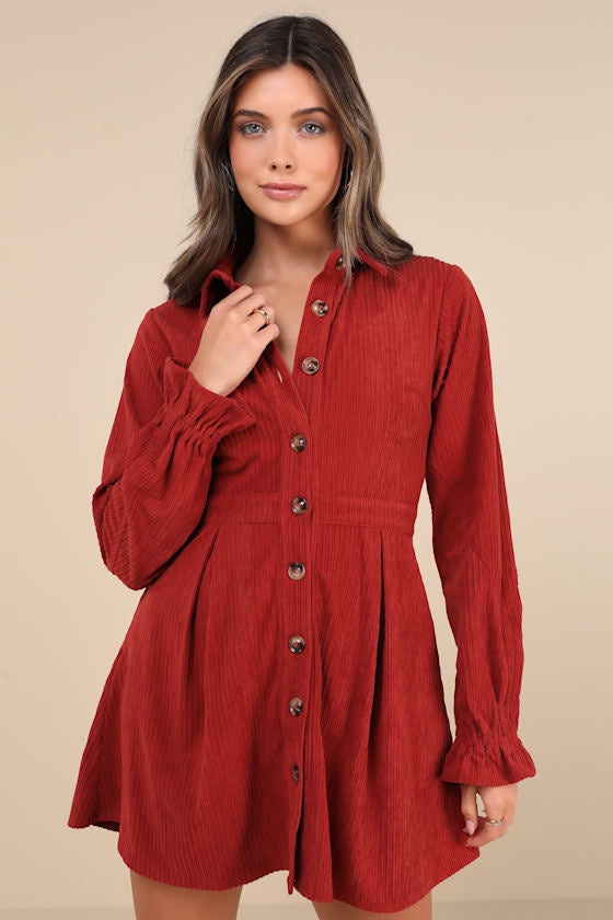 Autumn Mood Dark Brown Corduroy Mini Dress With Pockets