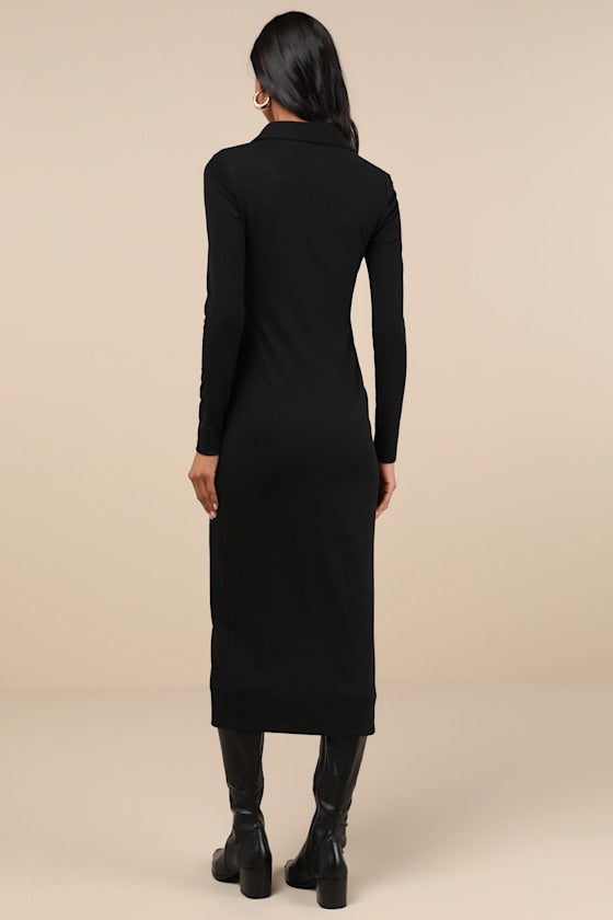 A Little Prep Black Button-Up Bodycon Midi Dress
