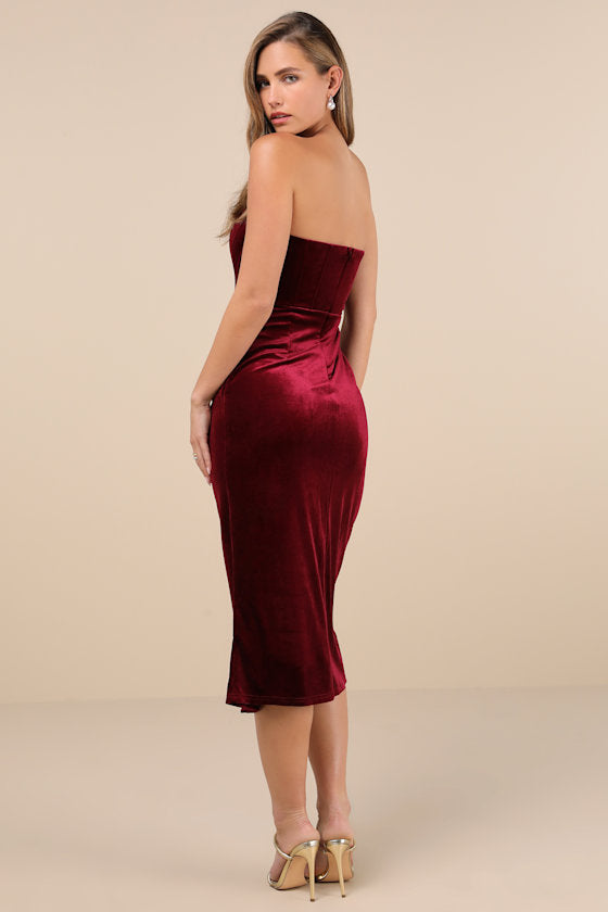Masterfully Flirty Black Velvet Bustier Midi Dress