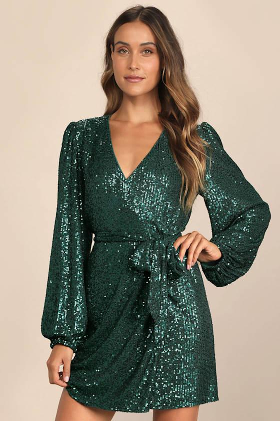 Sparkly Darling Silver Sequin Long Sleeve Wrap Dress