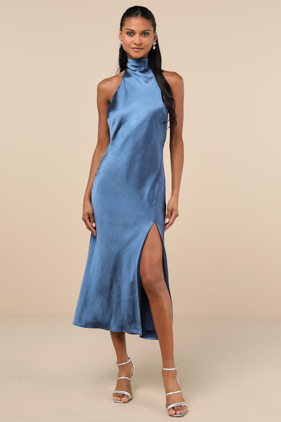 Exceptional Status Yellow Halter Backless Slip Midi Dress