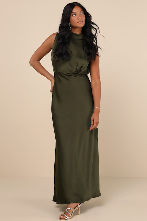 Classic Elegance Olive Satin Sleeveless Mock Neck Maxi Dress #Color_Olive
