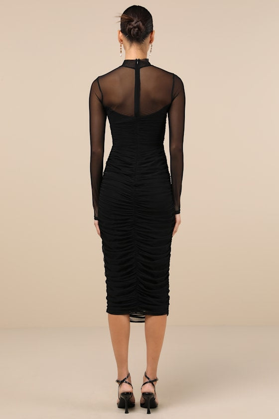 Impressive Flirt Slate Blue Mesh Ruched Mock Neck Midi Dress