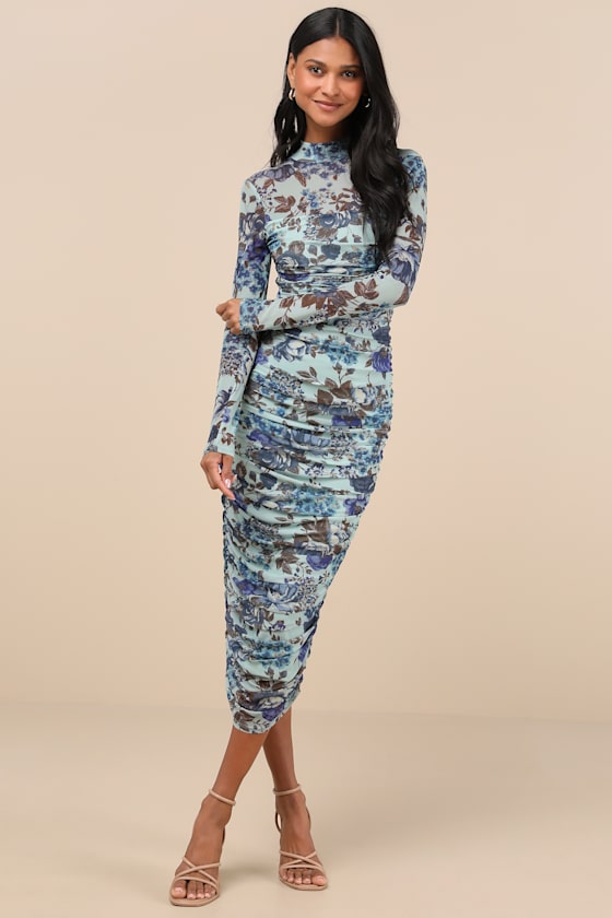Impressive Flirt Black Mesh Ruched Mock Neck Midi Dress