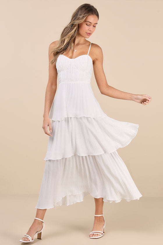 Cascading Crush Black Tiered Bustier Midi Dress
