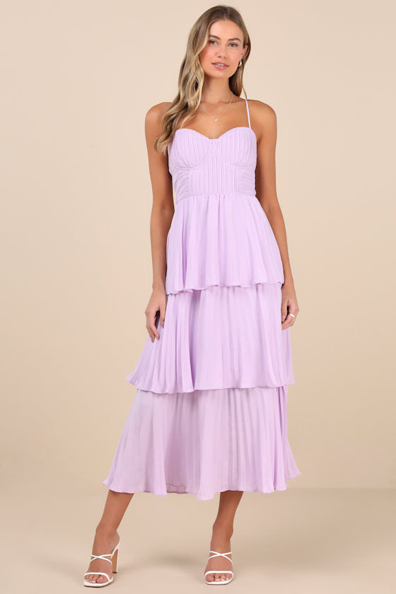 Cascading Crush Light Blue Tiered Bustier Midi Dress