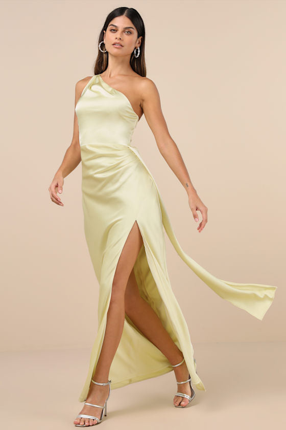 Signature Elegance Olive Green Satin One-Shoulder Maxi Dress