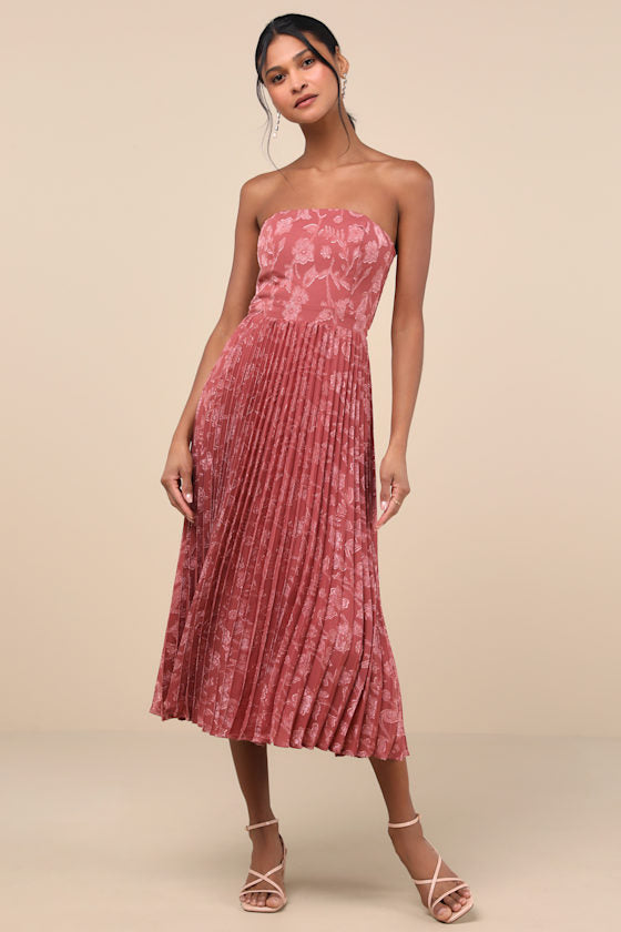 Perfectly Stunning Burgundy Jacquard Strapless Midi Dress