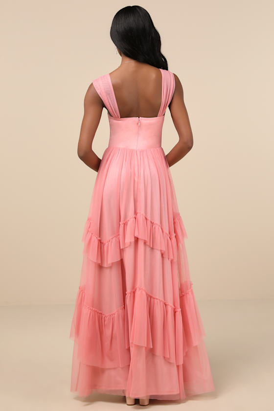 Stunning Personality Pink Mesh Off-the-Shoulder Maxi Dress