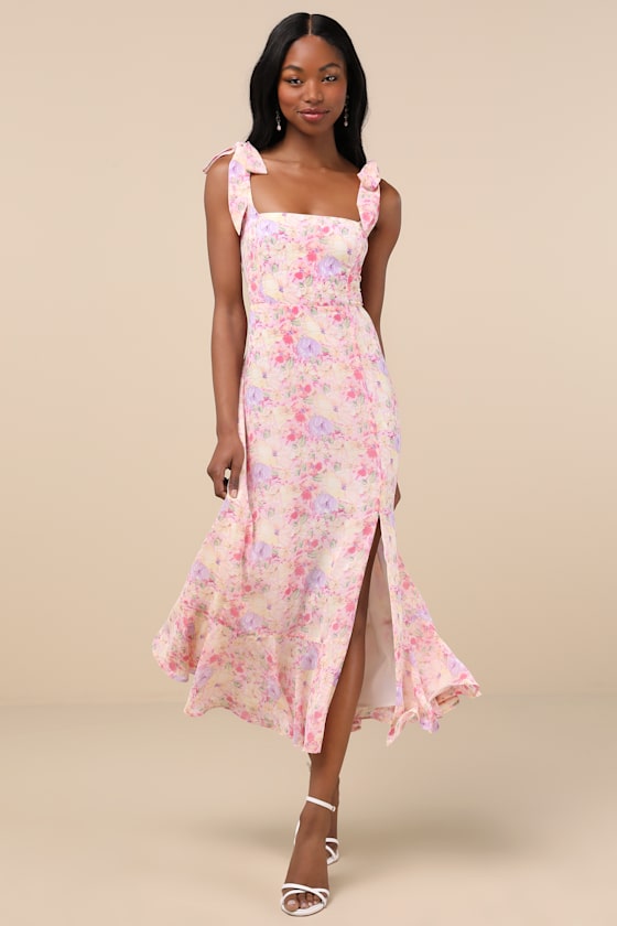 Summer Invite White and Pink Toile Tie-Strap Tiered Midi Dress