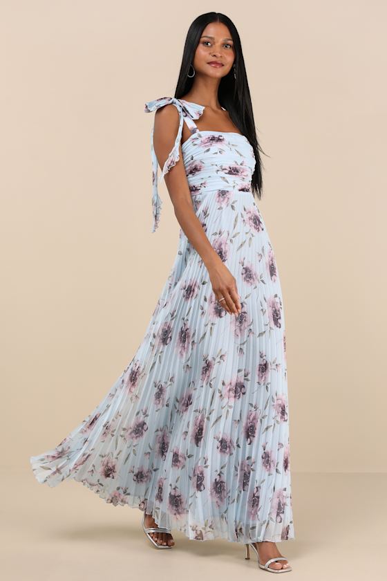 Gorgeous Purpose Navy Floral Pleated Sleeveless Bow Maxi Dress