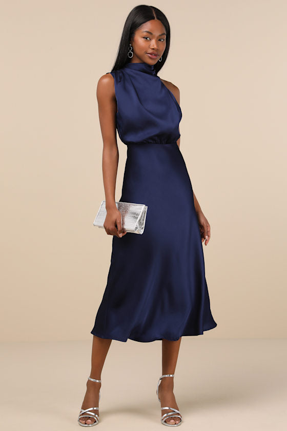 Distinctive Charm Black Satin Asymmetrical Midi Dress