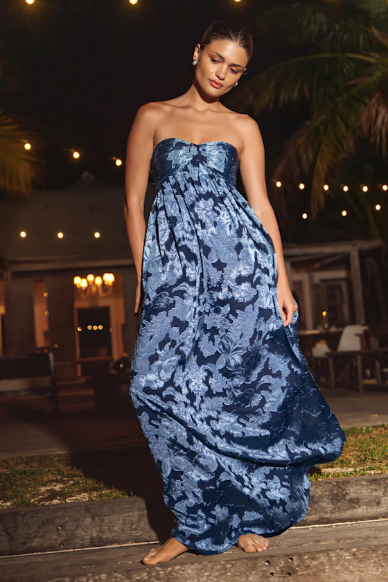 Danalia Navy Floral Burnout Strapless Maxi Dress #Color_Navy Floral