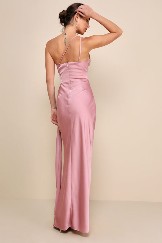 Signature Elegance Slate Blue Satin One-Shoulder Maxi Dress