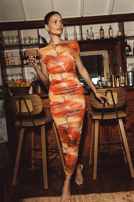 Sunama Brown Mesh Ruched Bodycon Midi Dress