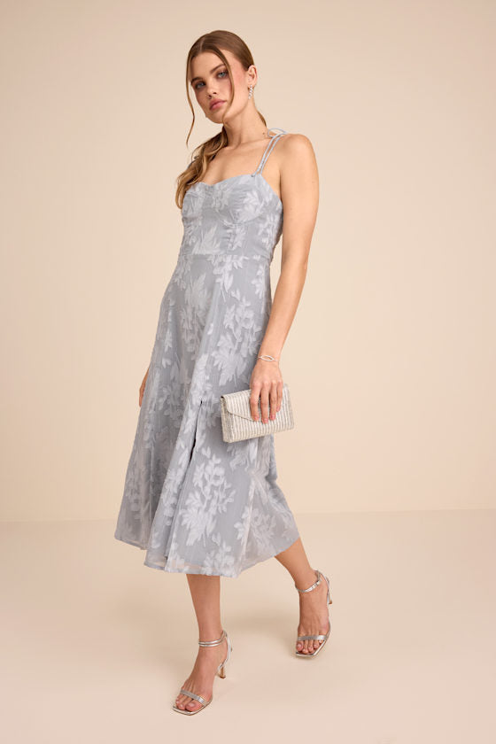 Loveliest Looks Dusty Blue Floral Jacquard Tie-Strap Midi Dress