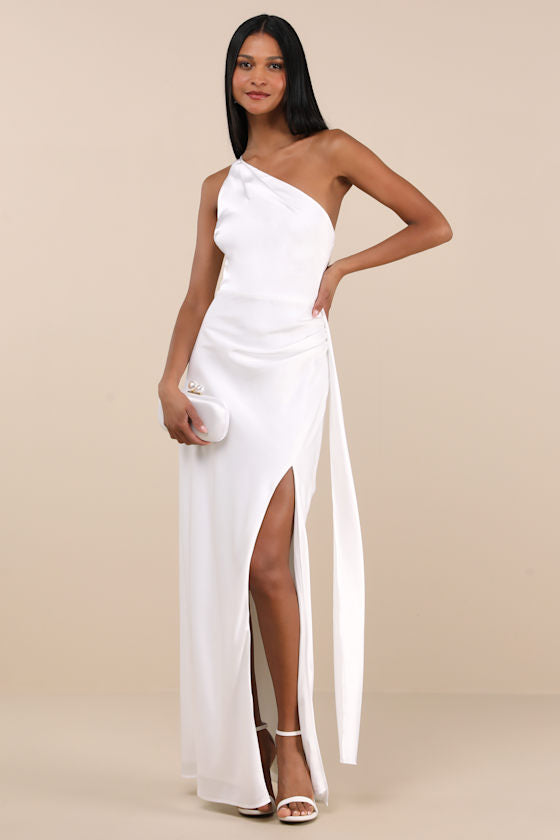 Signature Elegance Rose Satin One-Shoulder Maxi Dress