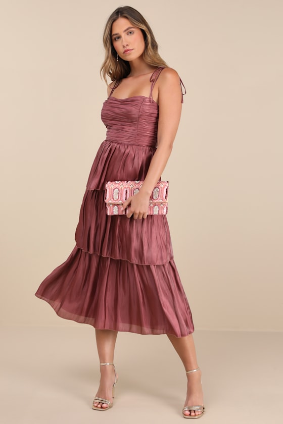 Tennon Olive Green Plisse Tiered Midi Dress