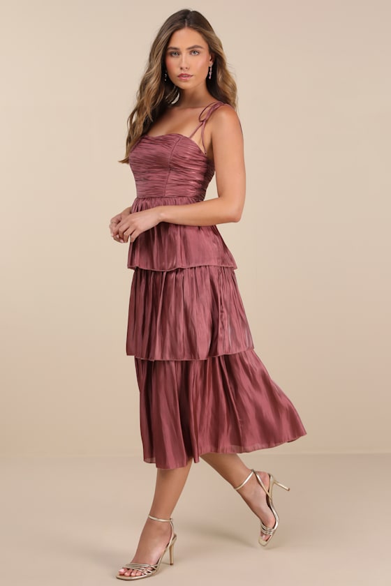 Tennon Olive Green Plisse Tiered Midi Dress