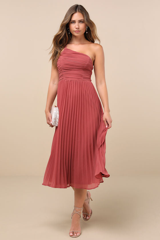 Wondrous Muse Navy Blue Pleated One-Shoulder Midi Dress