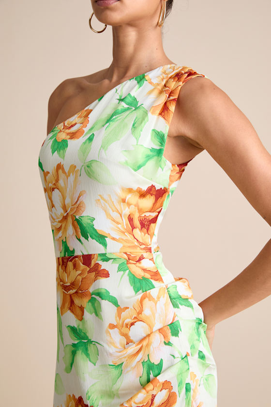 Divinely Blooming Blue Multi Floral One-Shoulder Midi Dress