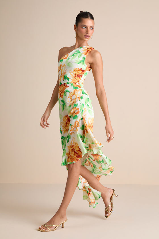 Divinely Blooming Blue Multi Floral One-Shoulder Midi Dress