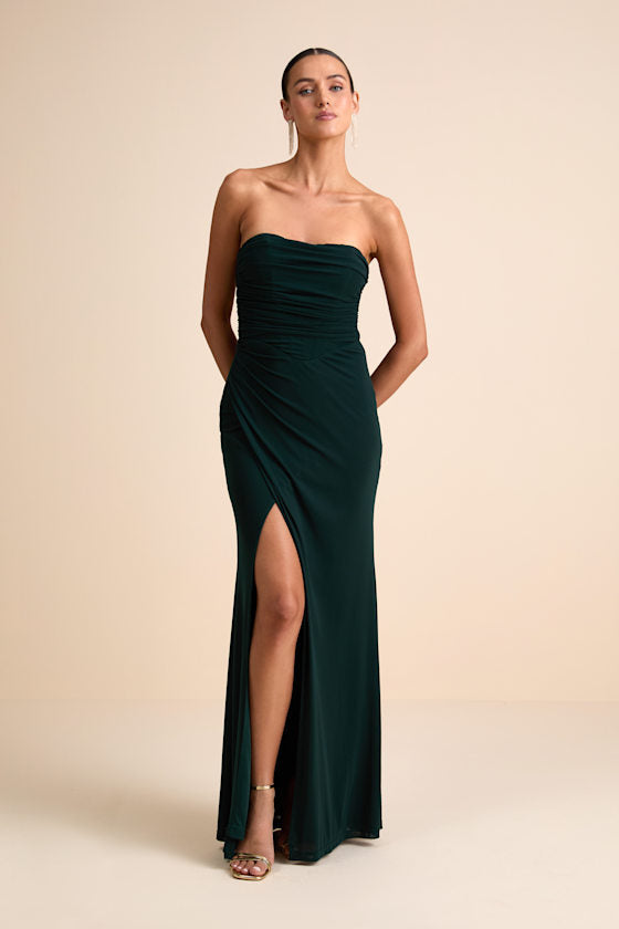 Epitome of Allure Purple Mesh Strapless Ruched Maxi Dress