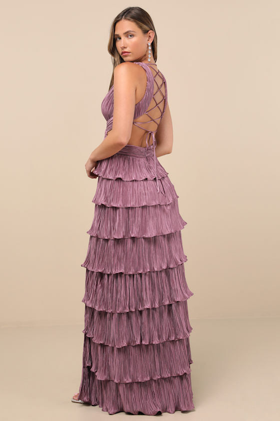 Beauty Icon Lavender Satin Pleated Tiered Lace-Up Maxi Dress