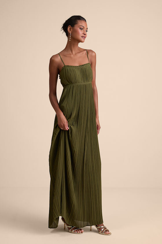 Delina Olive Plisse Chiffon Tie-Back Maxi Dress #Color_Olive