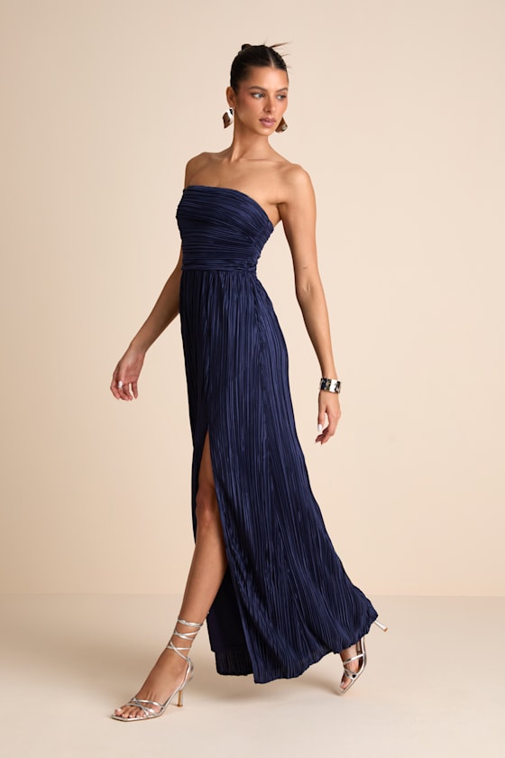Poised Performance Blue Plisse One-Shoulder Maxi Dress