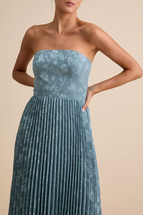 Perfectly Stunning Navy Jacquard Strapless Midi Dress