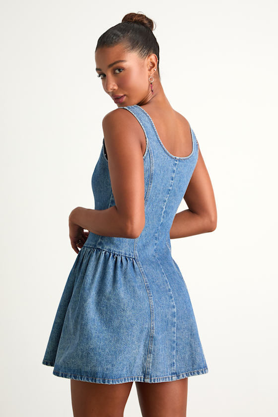 Prinsley Washed Black Denim Button-Front Mini Dress