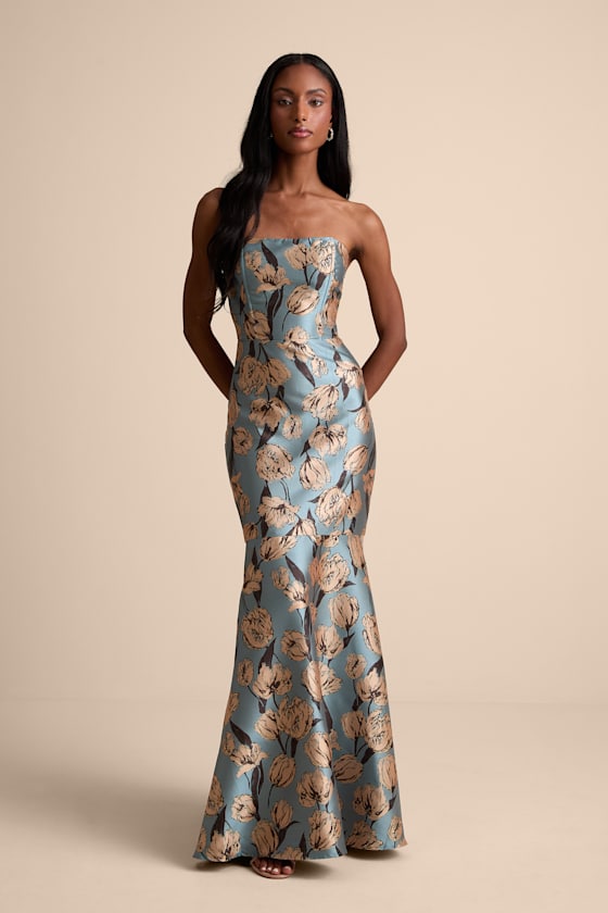 Gowning Around Yellow Floral Jacquard Strapless Maxi Dress