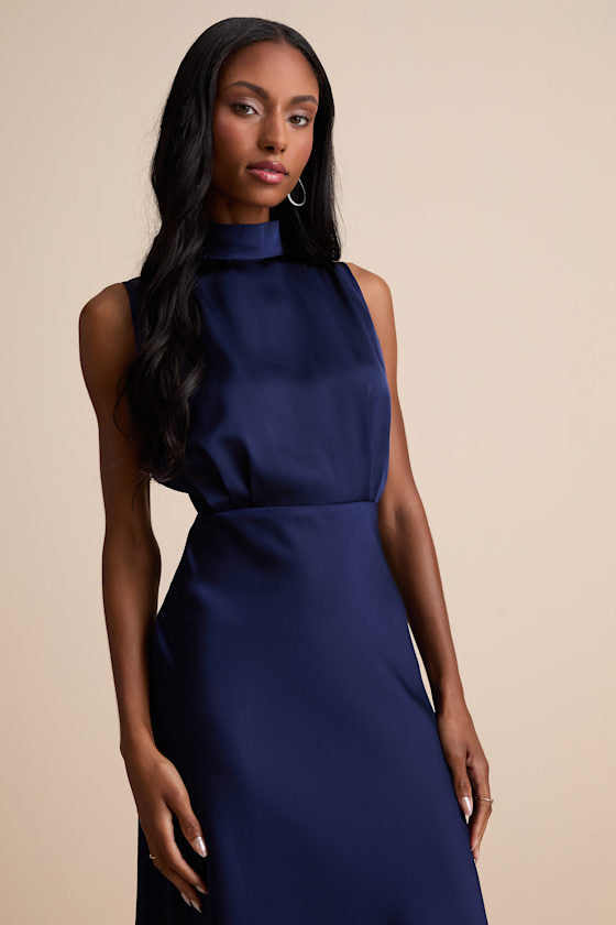 Classic Elegance Olive Satin Sleeveless Mock Neck Maxi Dress