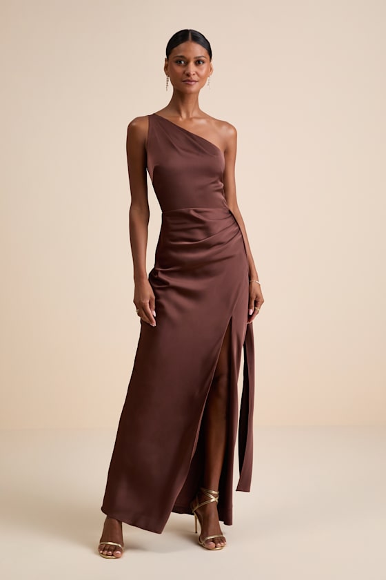 Signature Elegance Rose Satin One-Shoulder Maxi Dress