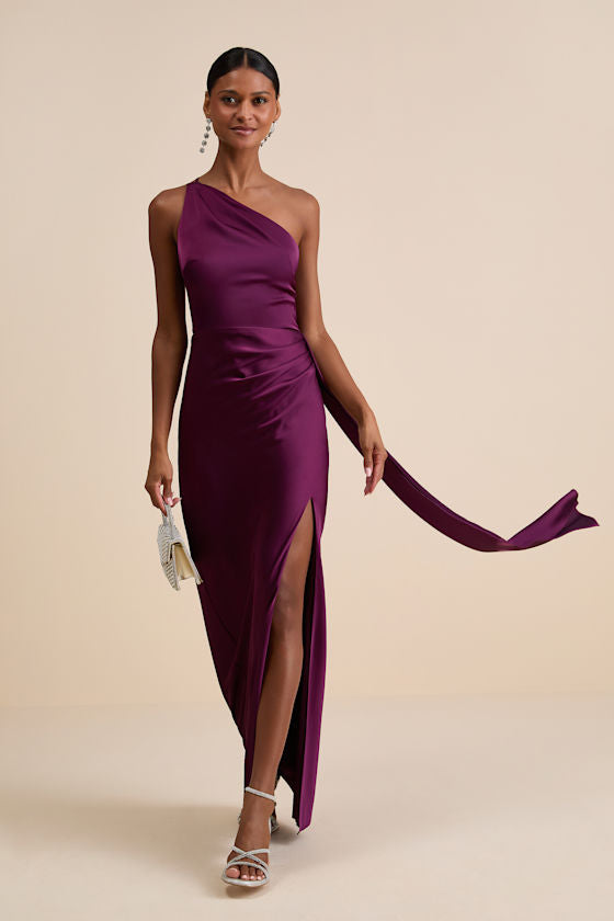 Signature Elegance Navy Satin One-Shoulder Maxi Dress
