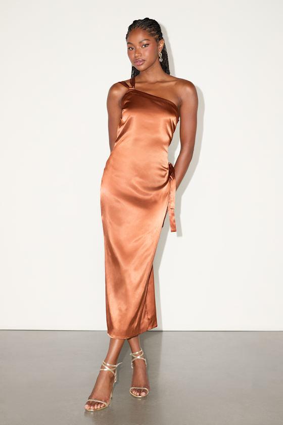 Yvonne Olive Green Satin One-Shoulder Midi Dress