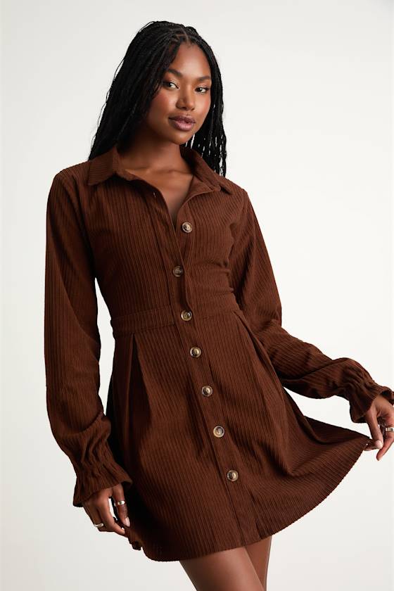 Autumn Mood Rust Red Corduroy Mini Dress With Pockets