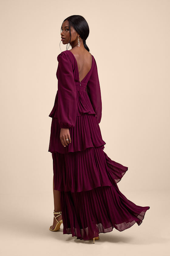 Graceful Finesse Dusty Rose Pleated Long Sleeve Maxi Dress
