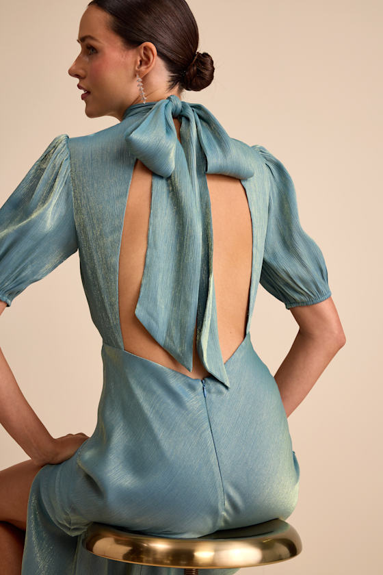 Talira Light Blue Satin Lurex Mock Neck Cutout Maxi Dress