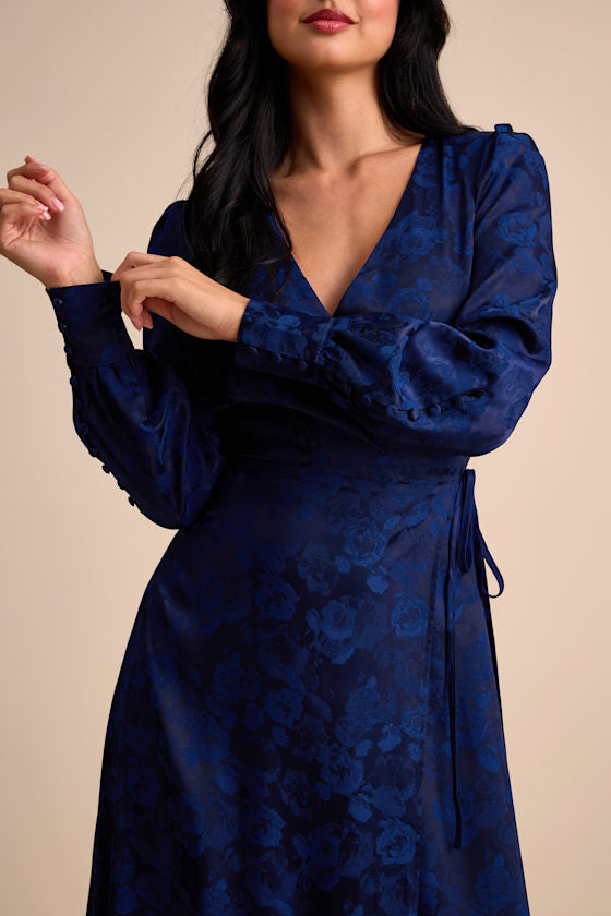 Maryn Navy Satin Jacquard Wrap Maxi Dress #Color_Navy