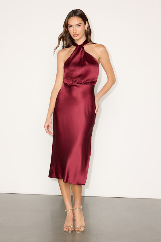 Jacey Navy Satin Halter Midi Dress