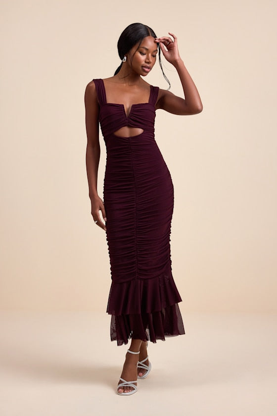 Aelara Orange Mesh Ruched Trumpet Midi Dress