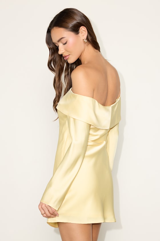 Luxurious Vision Olive Green Satin Off-the-Shoulder Mini Dress