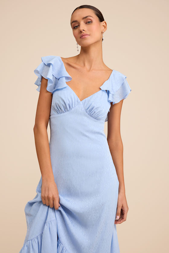 Devie Light Blue Satin Jacquard Flutter Sleeve Midi Dress