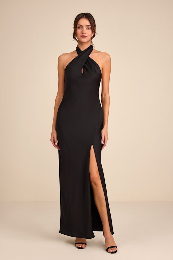 Daney Black Satin Cross-Front Halter Maxi Dress