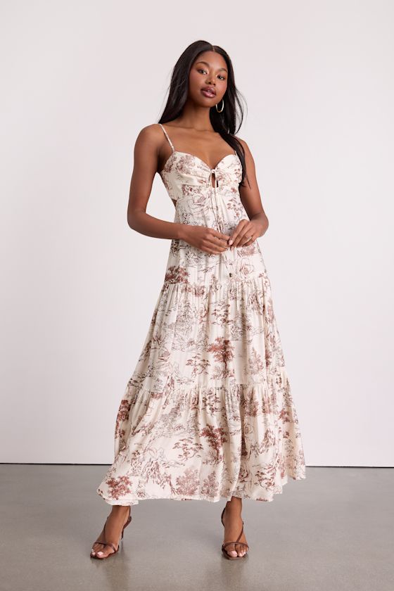 Molana Cream Botanical Print Tiered Maxi Dress