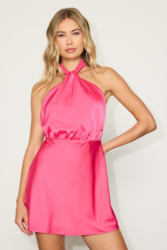 Sleek Essence Navy Blue Satin Halter Sleeveless Mini Dress