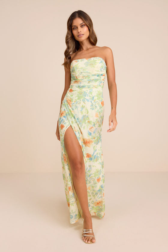 Epitome of Allure Purple Mesh Strapless Ruched Maxi Dress